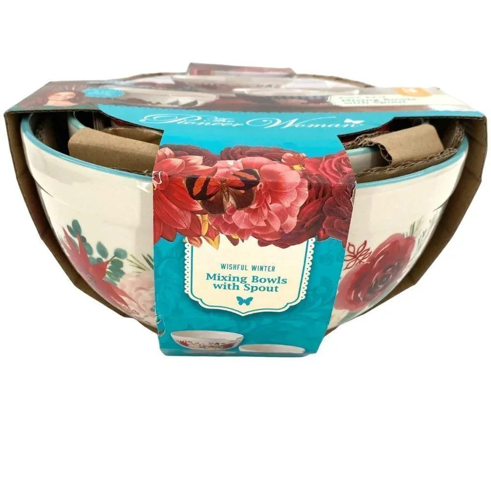 Pioneer Woman Wishful Winter Mixing Bowls With Spout Set New